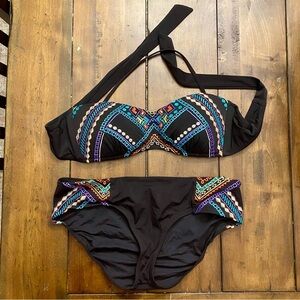 Black Multicolor Embroidered Geometric Women's Bikini Set Medium halter strap